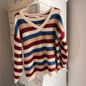 Promesa Striped V-Neck Sweater - Red, Blue, Cream